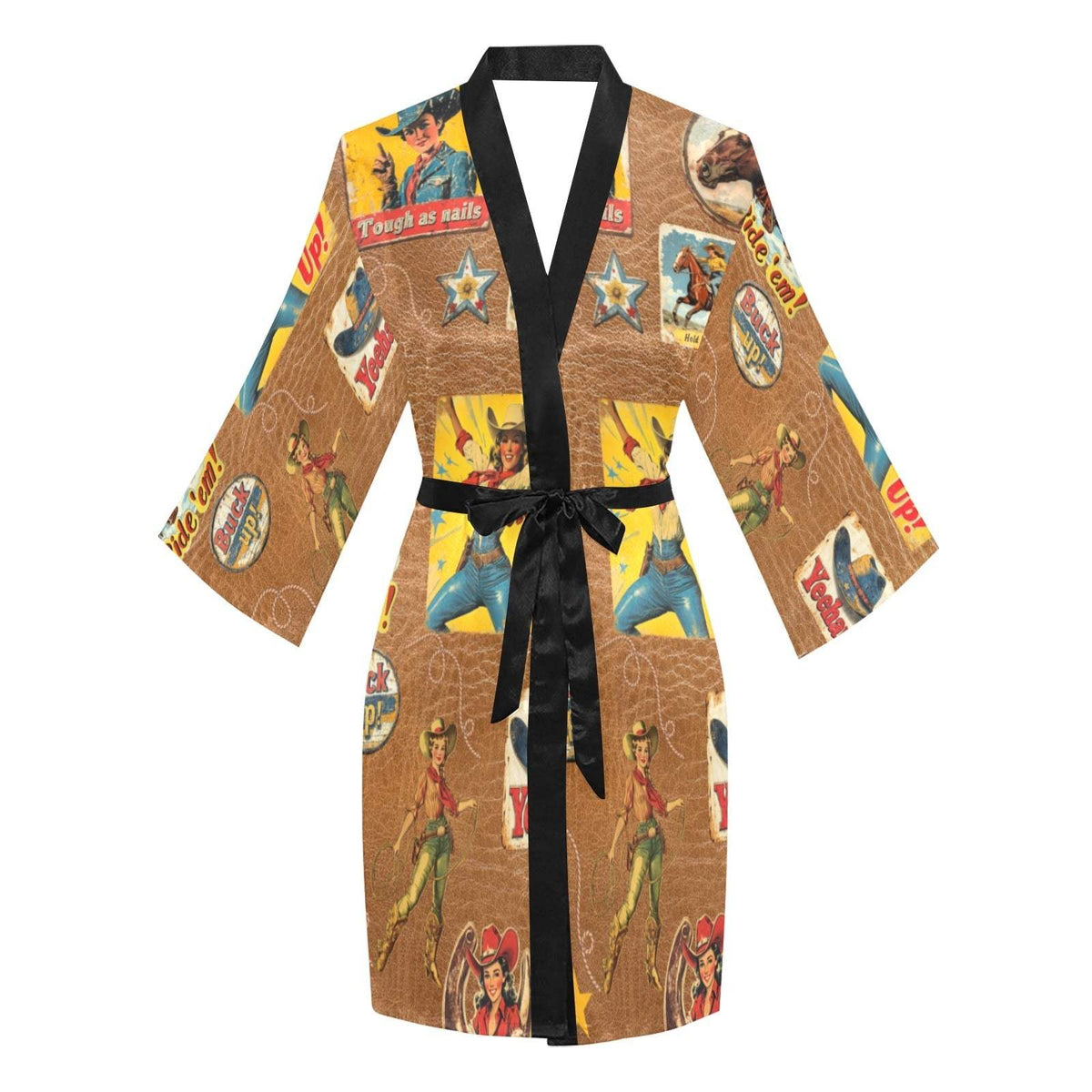 Baha Ranch Vintage Cowgirl Collage Kimono Satin Robe - Baha Ranch Western Wear - Flyclothing LLC