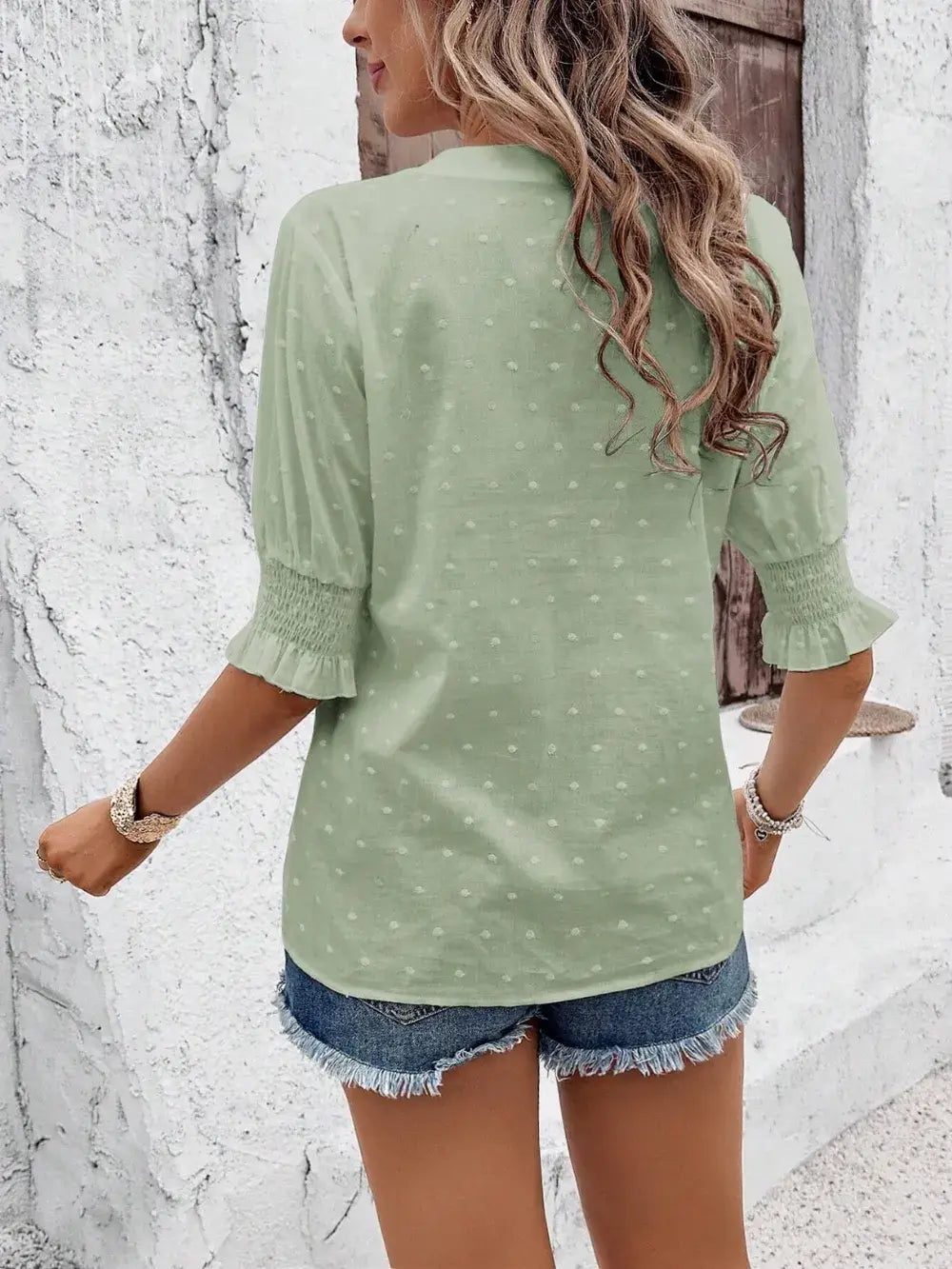 Eyelet Notched Flounce Sleeve Blouse - Trendsi - Flyclothing LLC