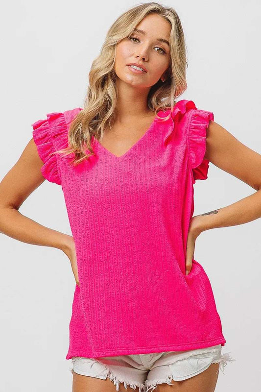 BiBi Layered Ruffles Armhole V-neck Rib Textured Top - Trendsi - Flyclothing LLC