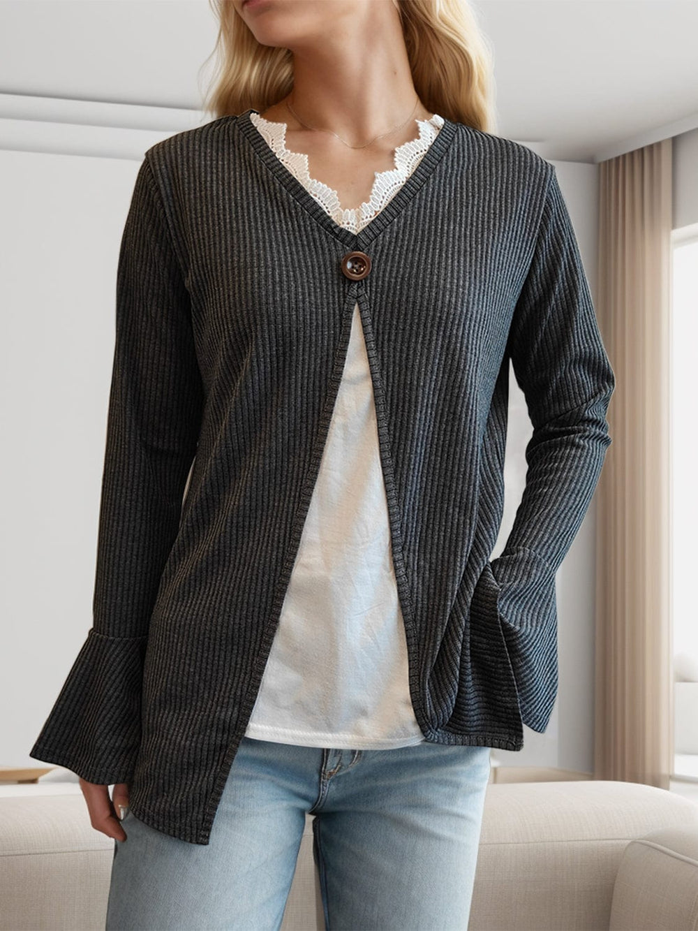 Faux Layered V-Neck Long Sleeve T-Shirt - Trendsi