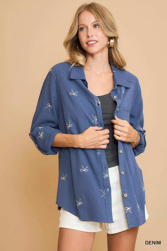 Umgee Linen Blend Fitted Shirt with Ribbon Embroidery Details - Trendsi - Flyclothing LLC