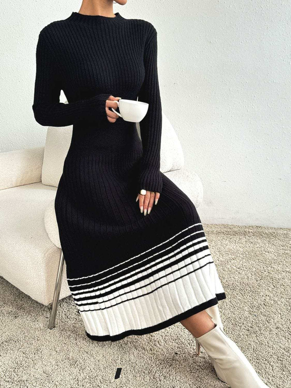 Contrast Mock Neck Long Sleeve Sweater Dress - Trendsi - Flyclothing LLC