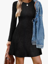 Ribbed Knit Long Sleeve A-Line Dress - Trendsi - Flyclothing LLC