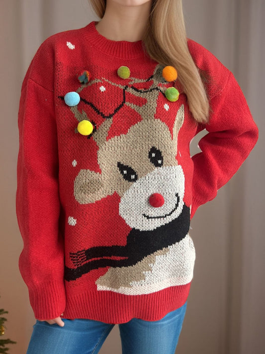 Reindeer Round Neck Long Sleeve Sweater - Trendsi