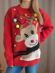 Reindeer Round Neck Long Sleeve Sweater - Trendsi