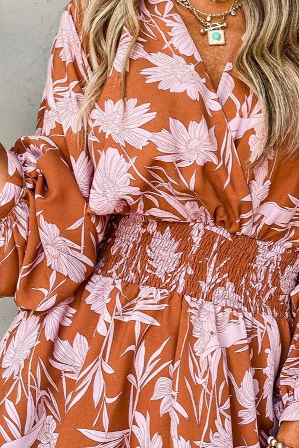 Smocked Printed Long Sleeve Mini Dress - Trendsi - Flyclothing LLC