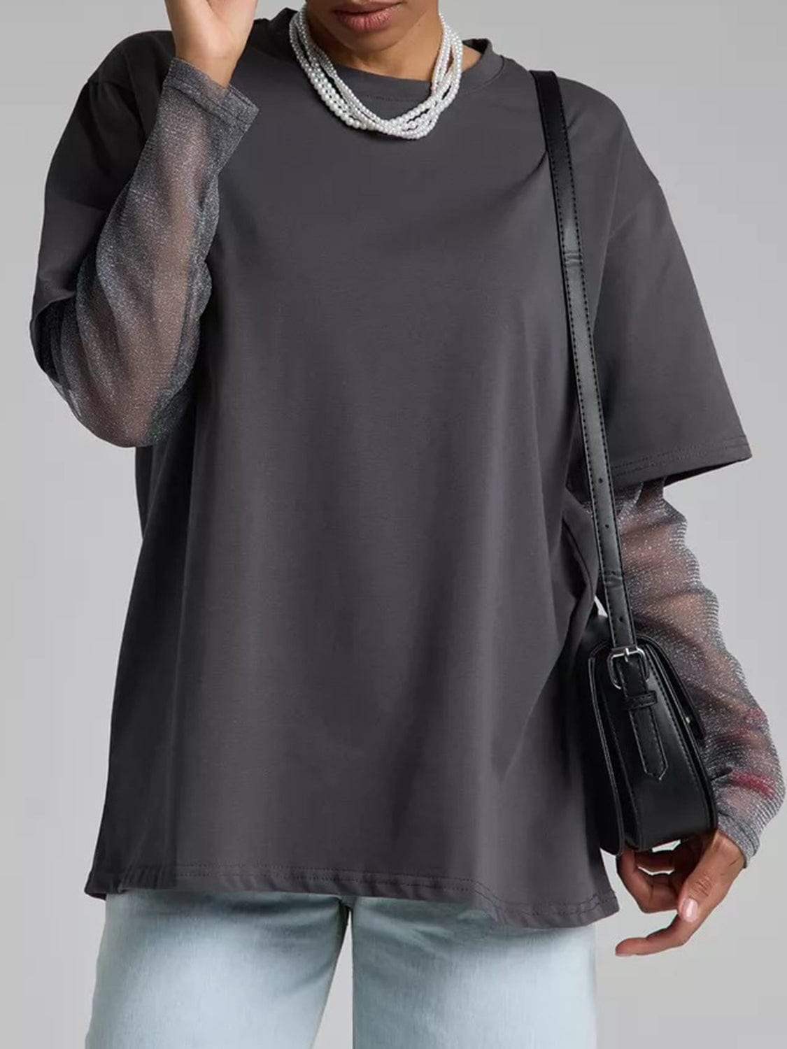 Faux Layered Round Neck Mesh Sleeve Top - Trendsi - Flyclothing LLC