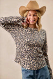 BiBi Leopard Print Washed Waffle Thermal Top with Thumb - Trendsi - Flyclothing LLC