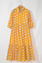 Floral Collared Neck Three-Quarter Sleeve Dress - Trendsi - Flyclothing LLC