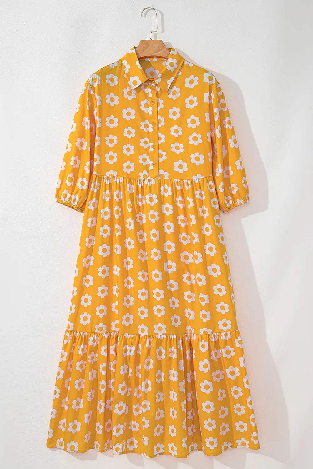 Floral Collared Neck Three-Quarter Sleeve Dress - Trendsi - Flyclothing LLC