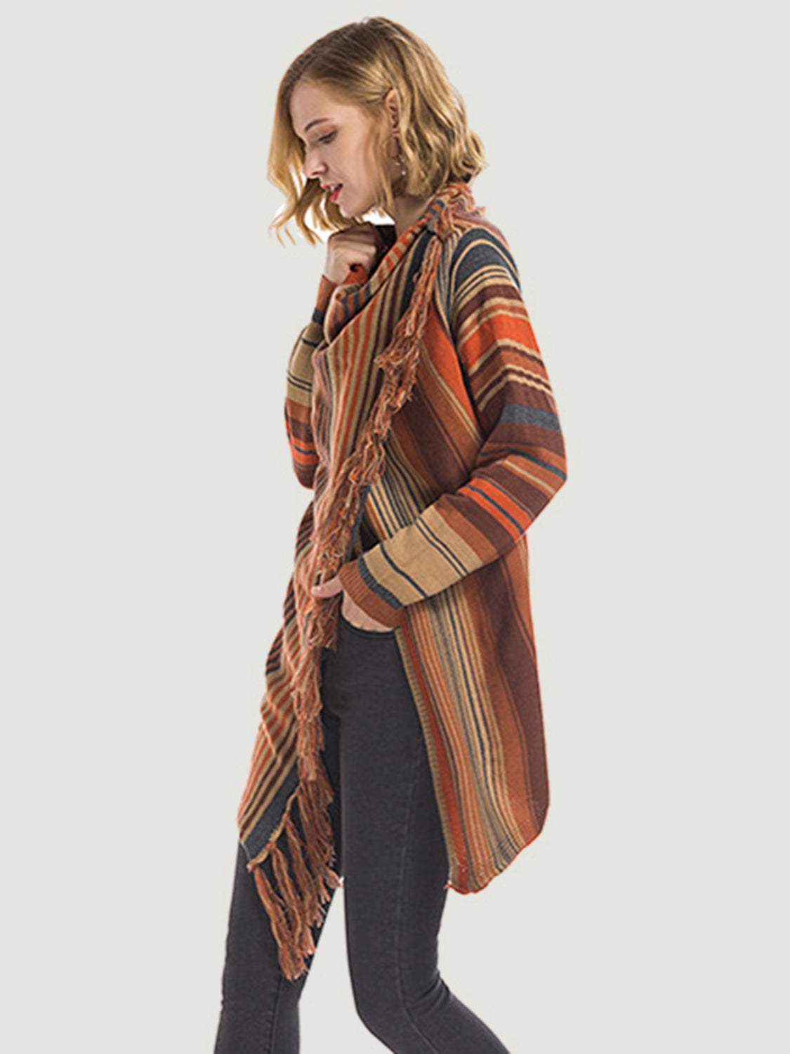 Angel Wings Tassel Striped Open Front Long Sleeve Cardigan - Trendsi - Flyclothing LLC