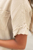 Textured Frayed Trim Half Button Short Sleeve Top - Trendsi - Flyclothing LLC