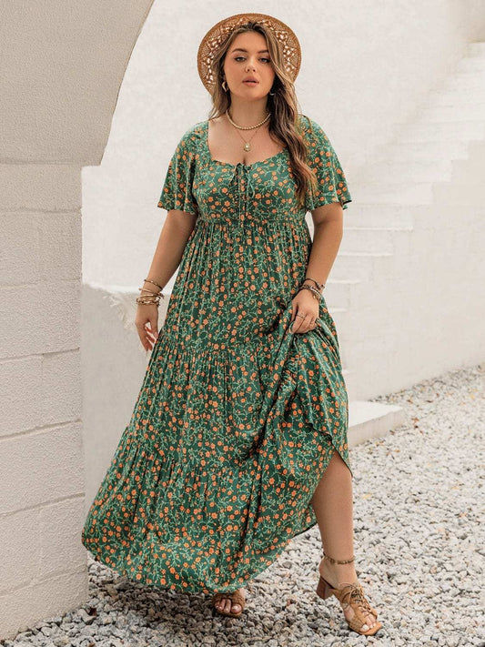 Plus Size Printed Short Sleeve Tiered Maxi Dress - Trendsi - Flyclothing LLC