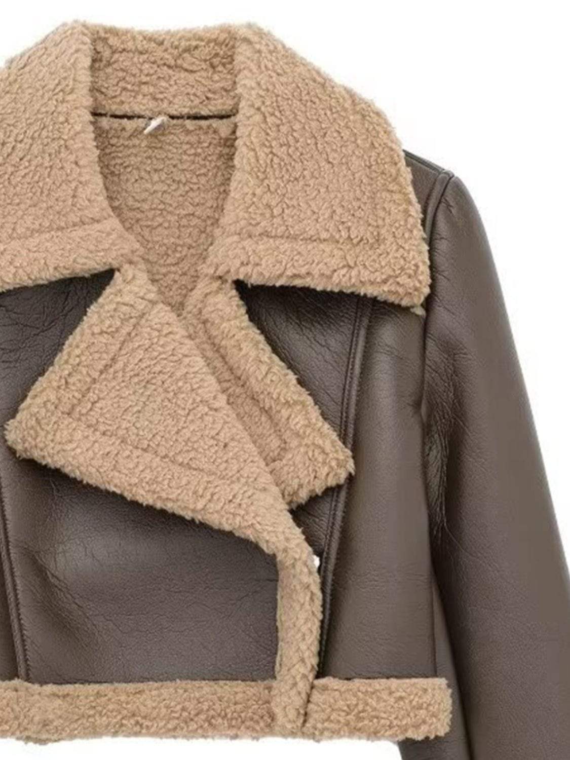 Collared Neck Long Sleeve Plush Cropped Jacket - Trendsi - Flyclothing LLC