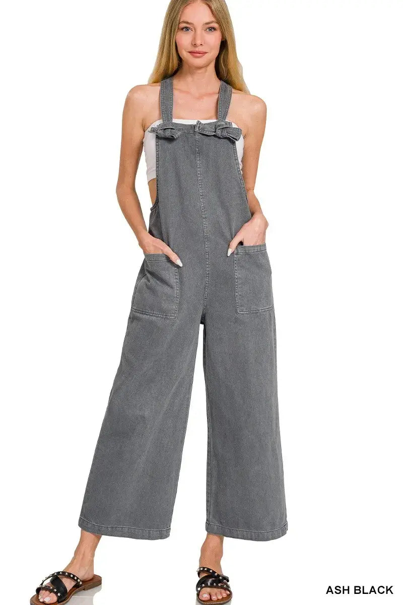Zenana Washed Knot Strap Pockets Jumpsuit - Trendsi - Flyclothing LLC