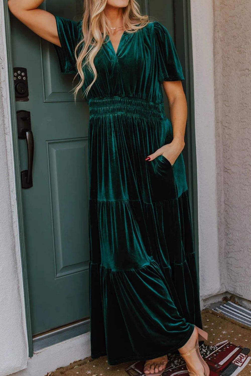 Tiered Notched Short Sleeve Dress with Pockets - Trendsi - Flyclothing LLC