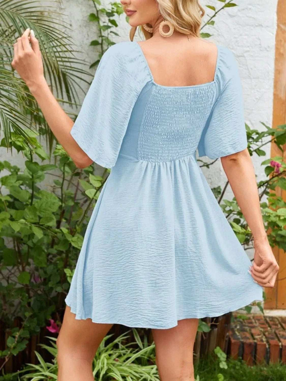Smocked Back Knotted Flutter Sleeve Dress - Trendsi - Flyclothing LLC
