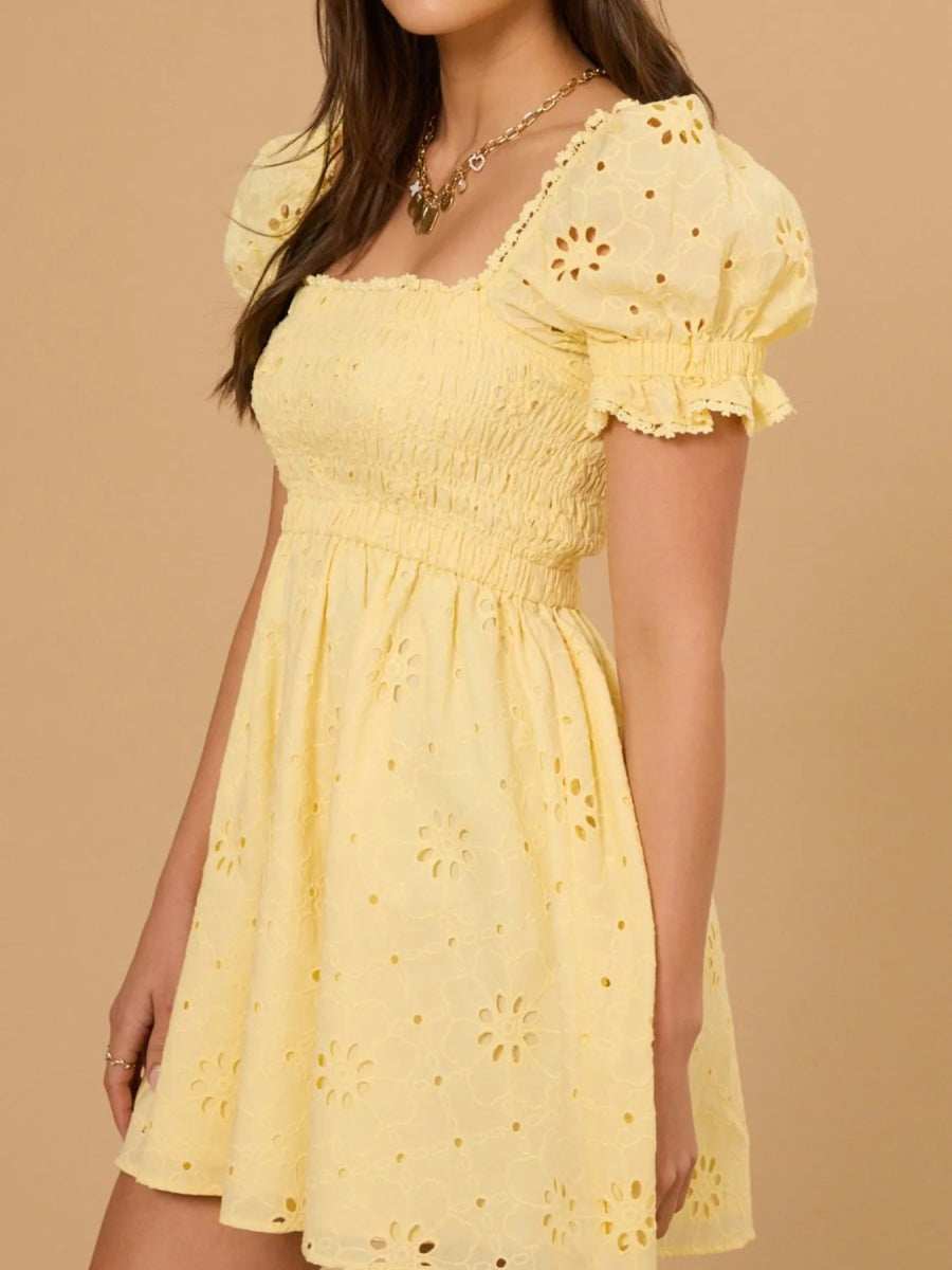 Eyelet Puff Sleeve Smocked Mini Dress - Trendsi - Flyclothing LLC