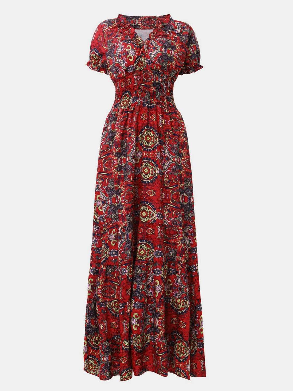 Full Size Smocked Printed V-Neck Short Sleeve Dress - Trendsi - Flyclothing LLC