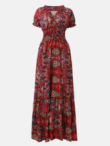 Full Size Smocked Printed V-Neck Short Sleeve Dress - Trendsi - Flyclothing LLC