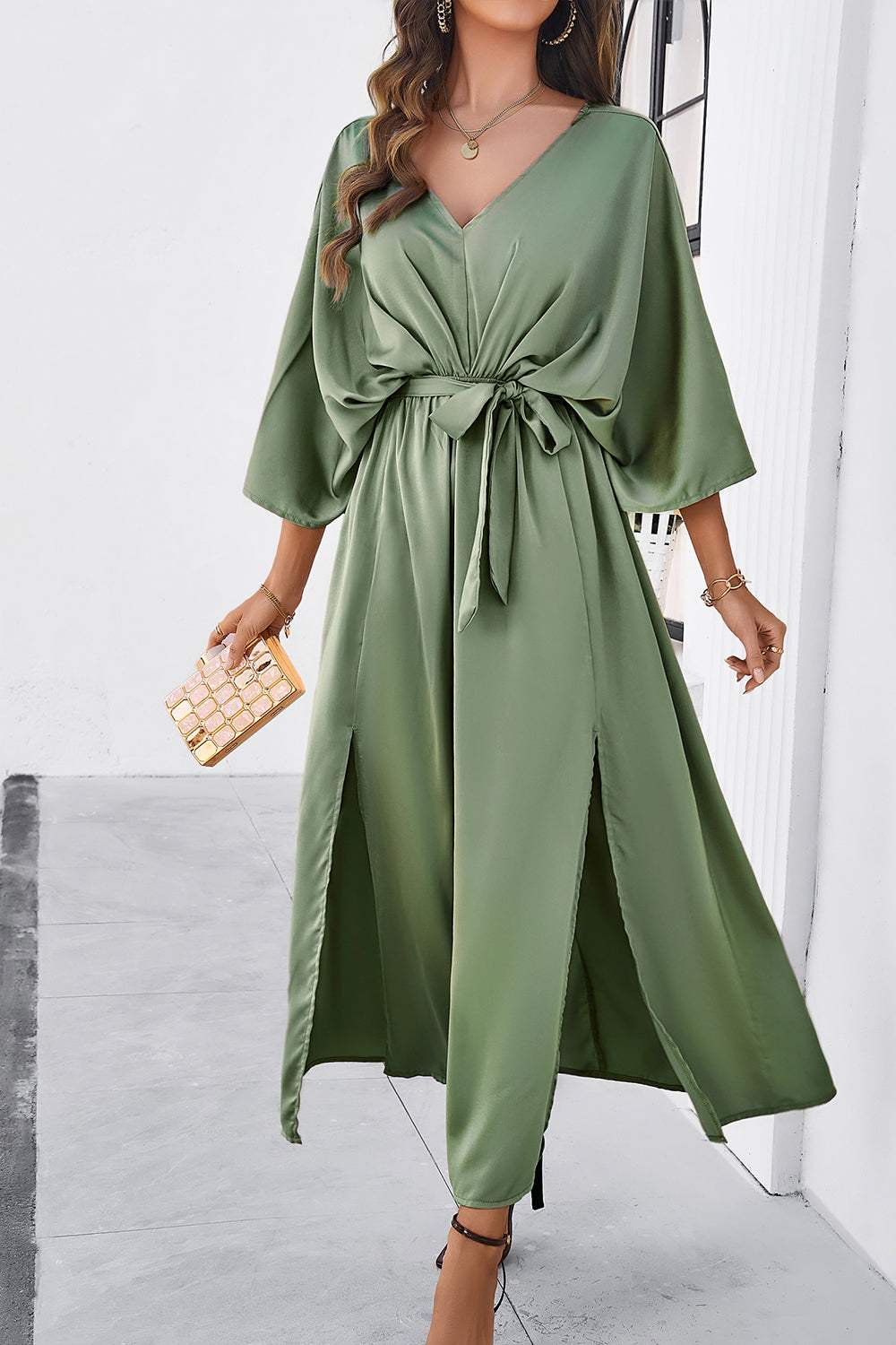 Slit Tied V-Neck Three-Quarter Sleeve Dress - Trendsi - Flyclothing LLC