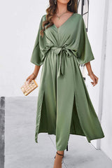 Slit Tied V-Neck Three-Quarter Sleeve Dress - Trendsi - Flyclothing LLC