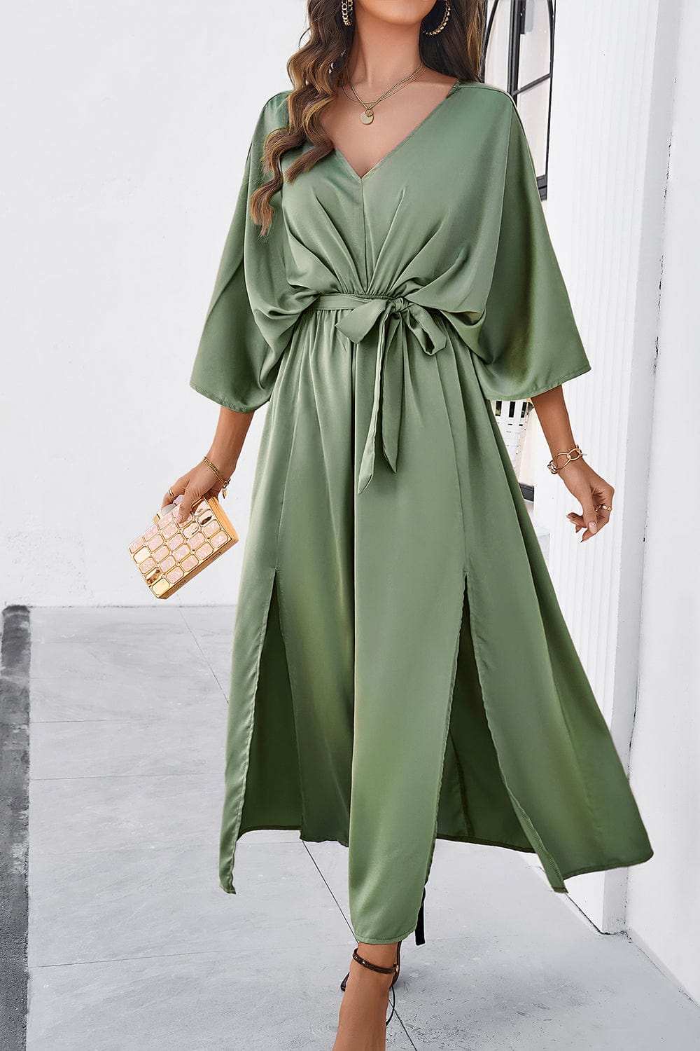 Slit Tied V-Neck Three-Quarter Sleeve Dress - Trendsi - Flyclothing LLC