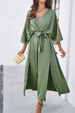 Slit Tied V-Neck Three-Quarter Sleeve Dress - Trendsi - Flyclothing LLC
