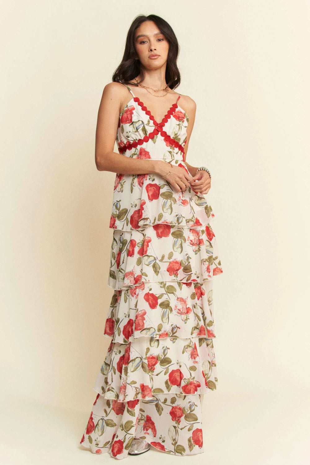 Davi & Dani Contrast Ring Lace Layered Ruffle Maxi Cami Dress - Trendsi - Flyclothing LLC