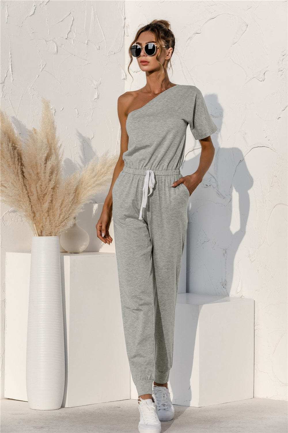 Single Shoulder Short Sleeve Jumpsuit - Trendsi