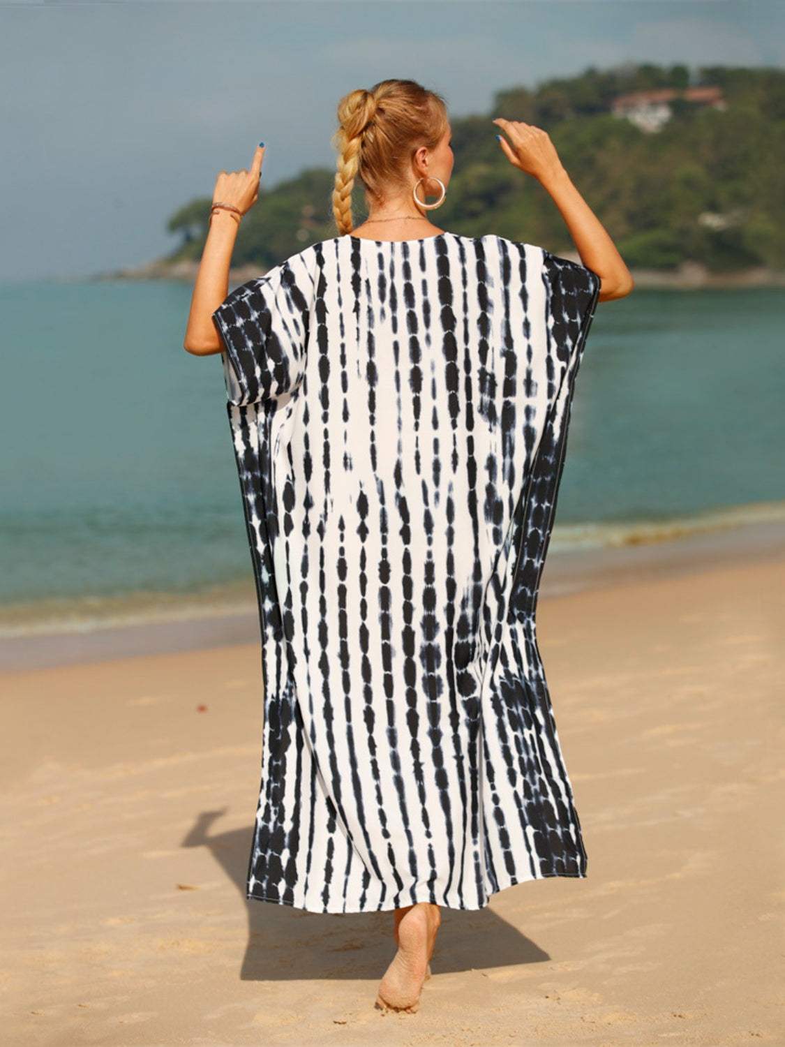Tie-Dye V-Neck Half Sleeve Cover-Up - Trendsi - Flyclothing LLC