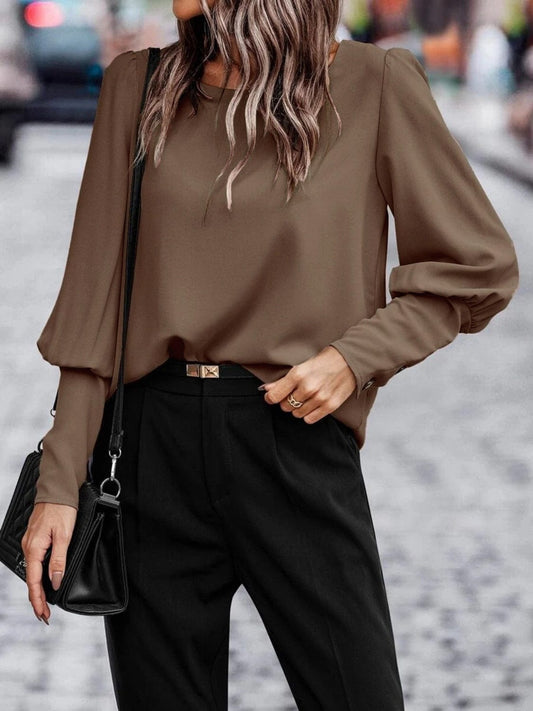 Round Neck Long Sleeve Blouse - Trendsi
