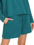 Zenana Corded Rib Long Sleeve Tee and Shorts Set - Trendsi - Flyclothing LLC