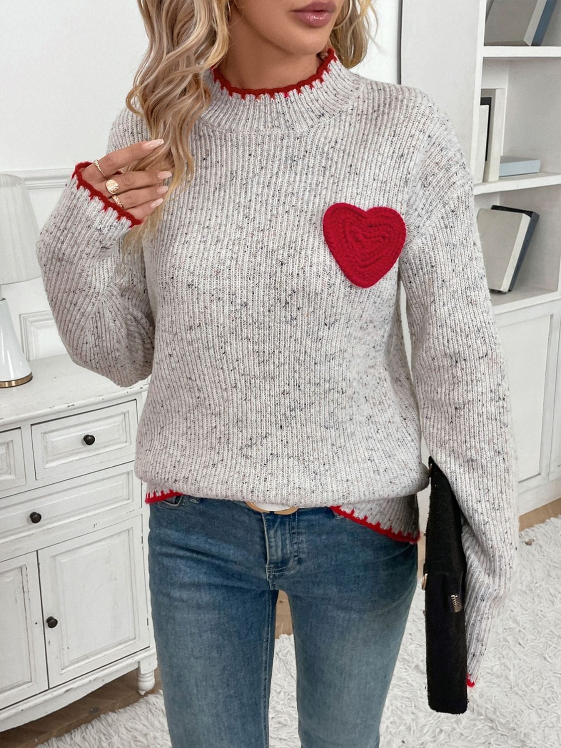 Perfee Contrast Heart Round Neck Long Sleeve Sweater - Trendsi