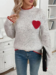 Perfee Contrast Heart Round Neck Long Sleeve Sweater - Trendsi