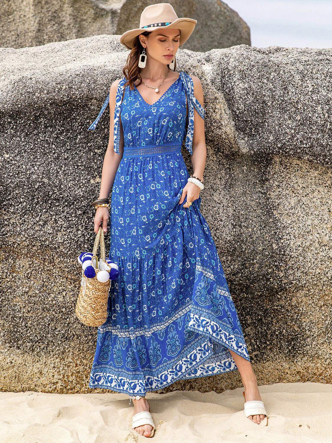 Printed V-Neck Tie Shoulder Dress - Trendsi - Flyclothing LLC
