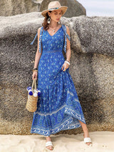Printed V-Neck Tie Shoulder Dress - Trendsi - Flyclothing LLC