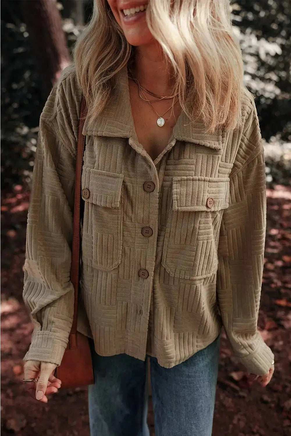 Textured Pocketed Collared Neck Long Sleeve Shacket - Trendsi - Flyclothing LLC