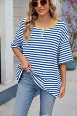 Contrast Striped Round Neck Half Sleeve T-Shirt - Trendsi - Flyclothing LLC