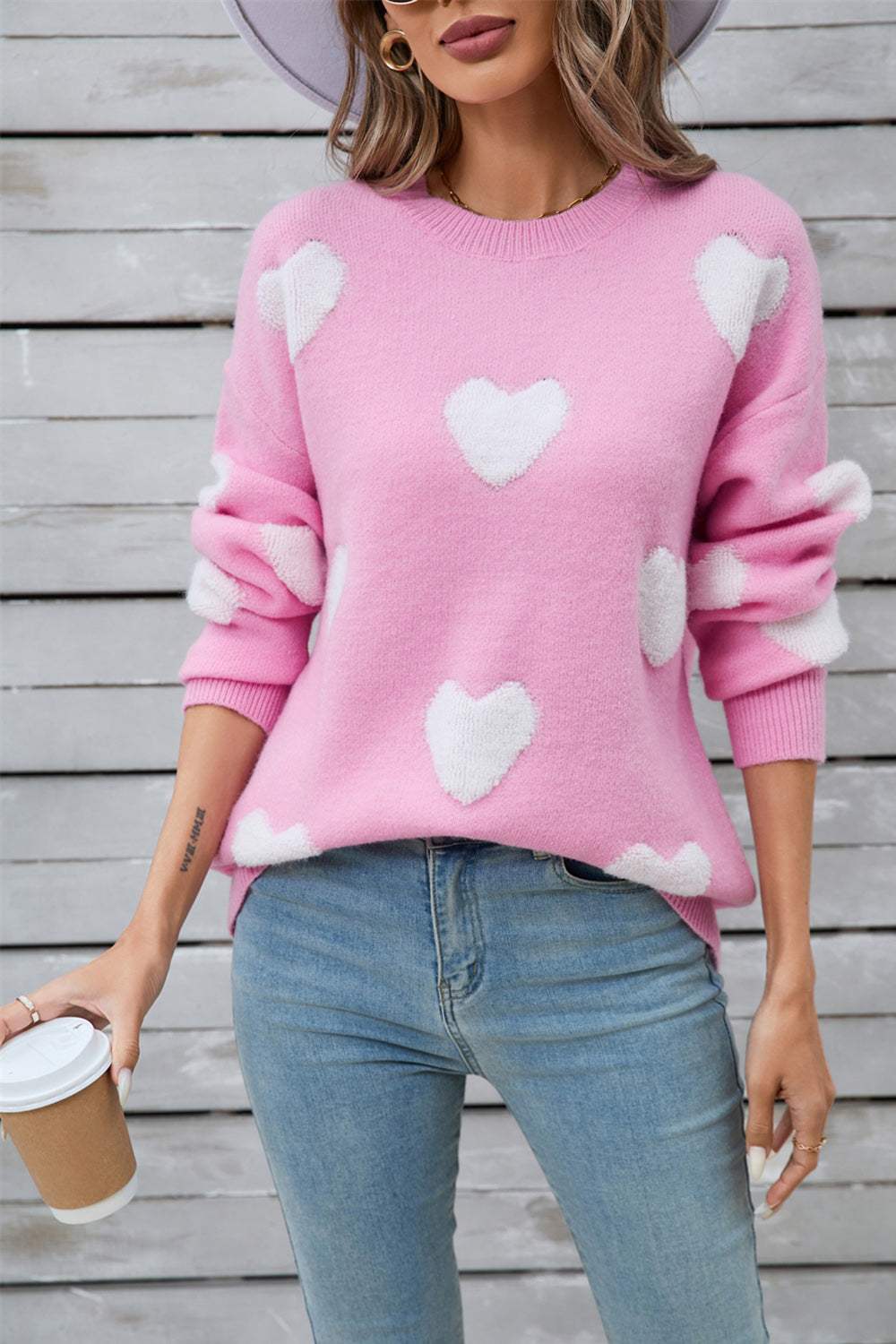 Angel Wings Heart Round Neck Long Sleeve Sweater - Trendsi - Flyclothing LLC