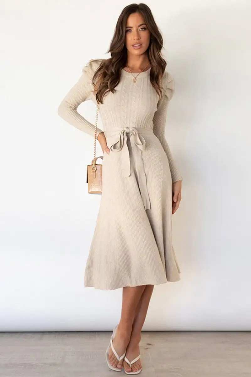 Round Neck Long Sleeve Tie Waist Sweater Dress - Trendsi - Flyclothing LLC