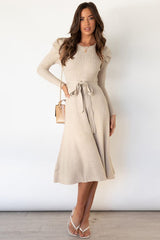Round Neck Long Sleeve Tie Waist Sweater Dress - Trendsi