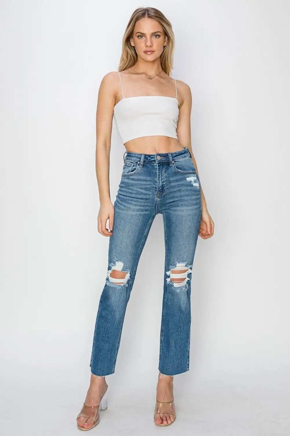 RISEN High Rise Distressed Ankle Jeans - Trendsi - Flyclothing LLC