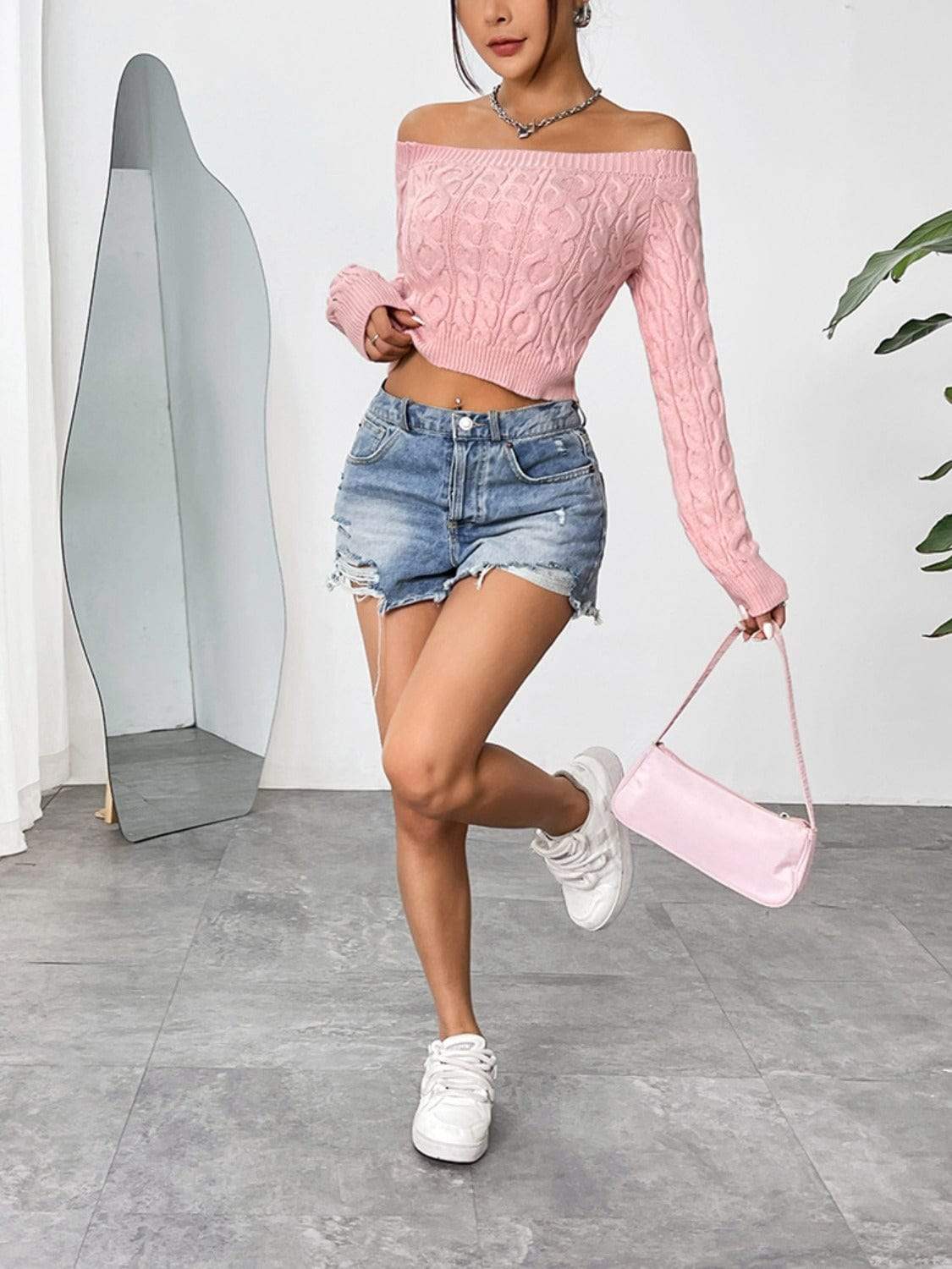 Cable-Knit Off-Shoulder Long Sleeve Knit Top - Trendsi - Flyclothing LLC