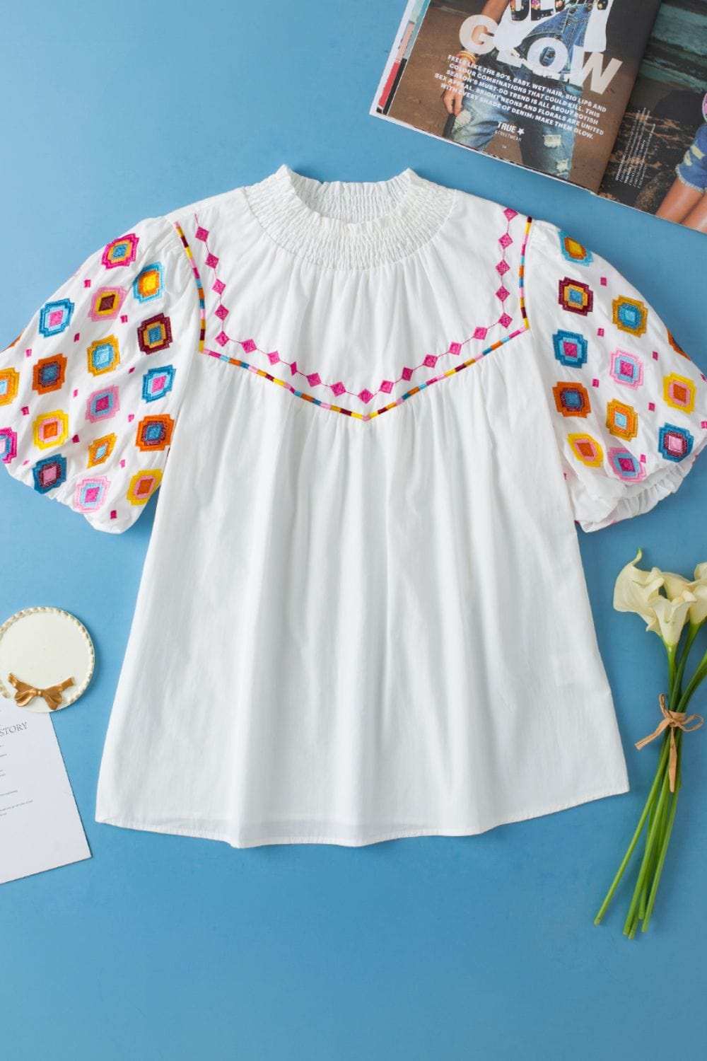 Smocked Neck Embroidered Puff Sleeve Top - Trendsi - Flyclothing LLC