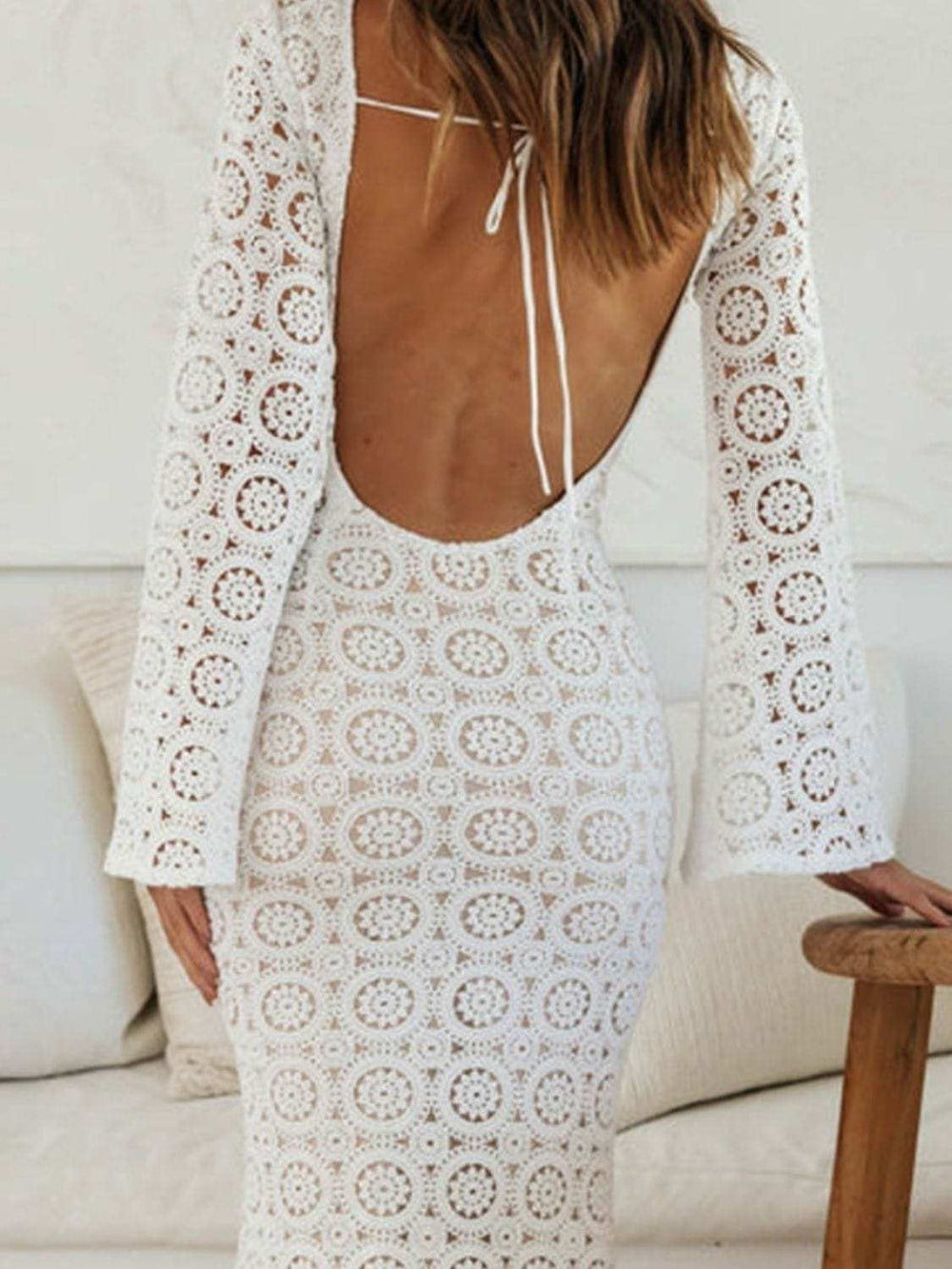 Lace Backless Round Neck Flare Sleeve Dress - Trendsi - Flyclothing LLC