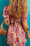 Floral Puff Sleeve Square Neck Knot Open Back Mini Dress - Trendsi