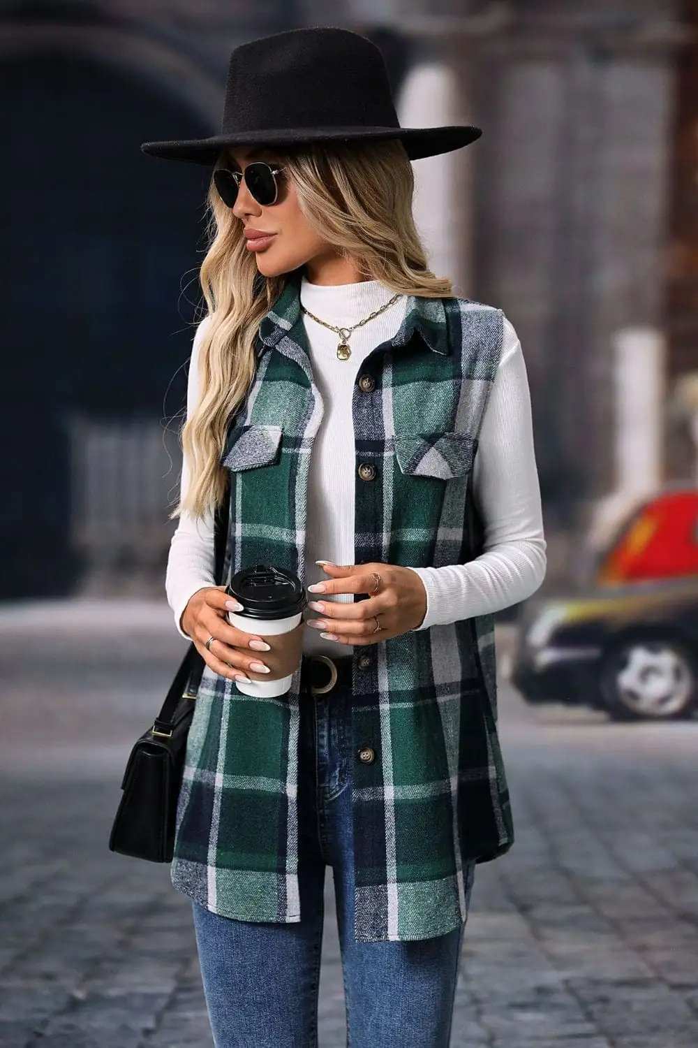 Plaid Button Up Vest Coat - Trendsi - Flyclothing LLC