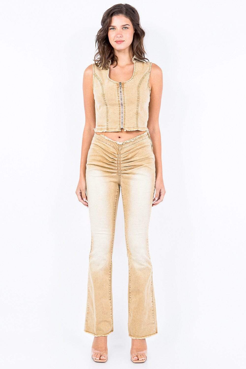 American Bazi V-Cut Ruched Flare Pants - Trendsi - Flyclothing LLC