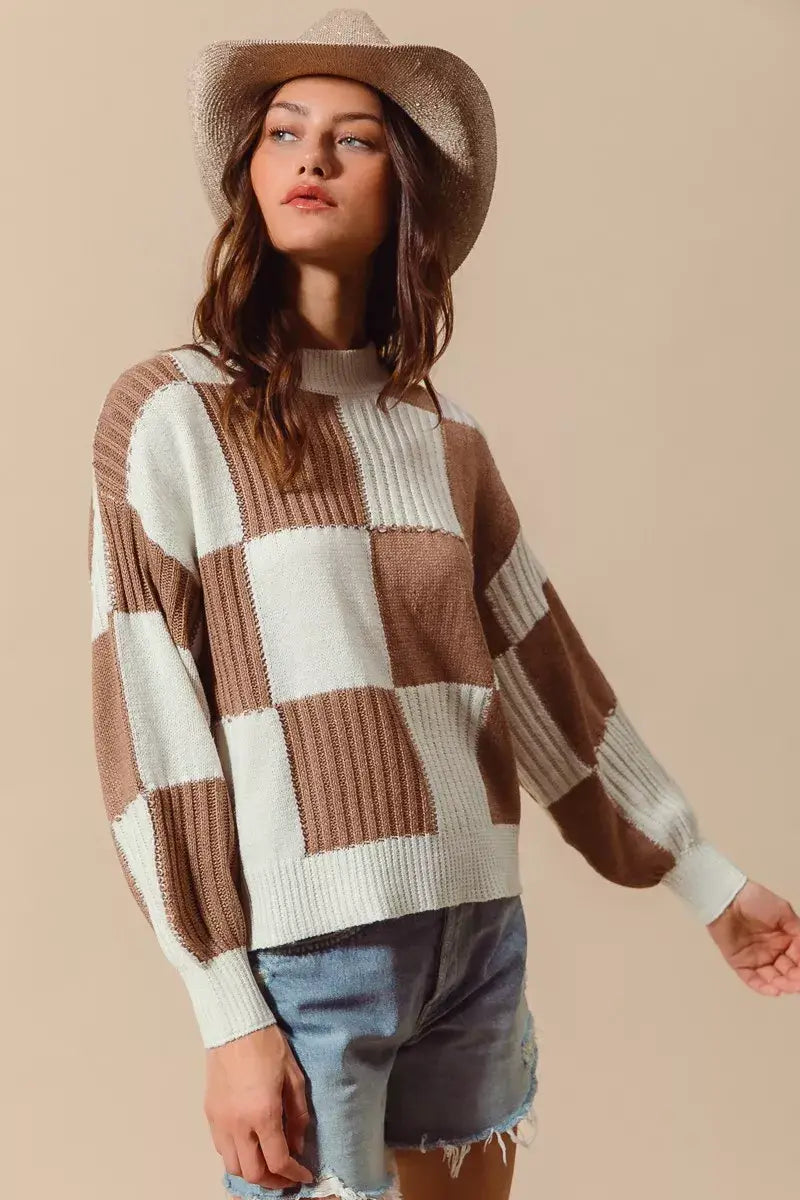SO ME Ribbed Color Block Checkered Plaid Sweater - Trendsi - Flyclothing LLC
